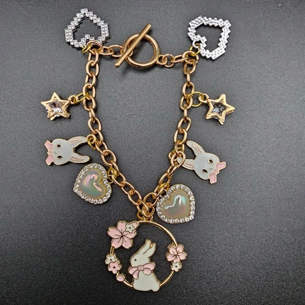 Gold Charm Bracelet with Bunny and Heart Accents - Picture 1 of 1